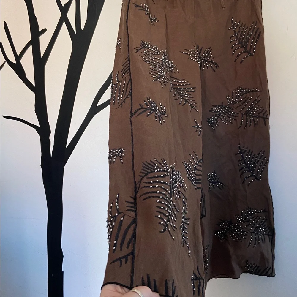 NWOT Zara ZW Collection embroidered hemp wide leg chocolate brown pants